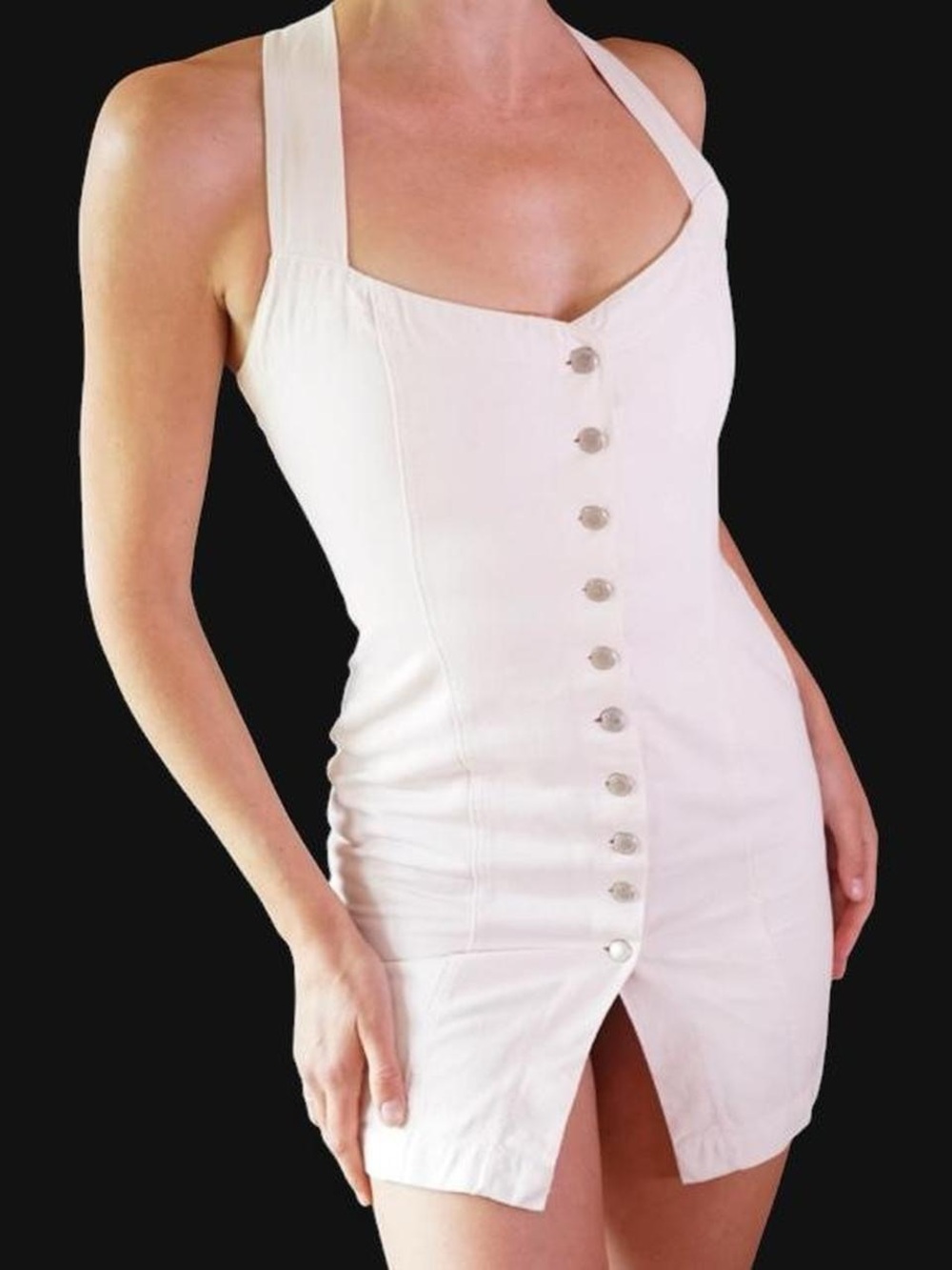 Vintage White Button-Front Halter Mini Dress
